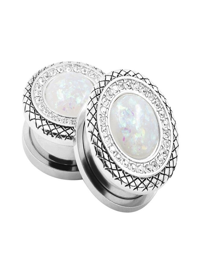 Qmcandy 2pcs 00g Stainless Steel White Opal Screw Ear Plugs Gauges Piercing - Image 1